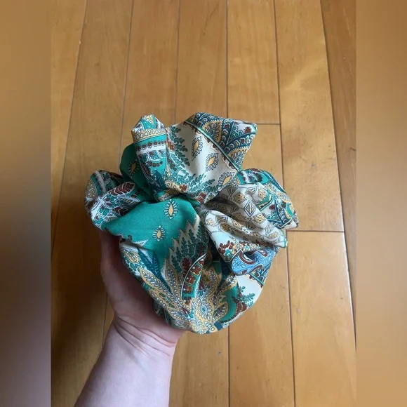 Free People Trio Satin Scrunchies - Teal Paisley, Light Blue, Olive Green - Picture 4 of 4